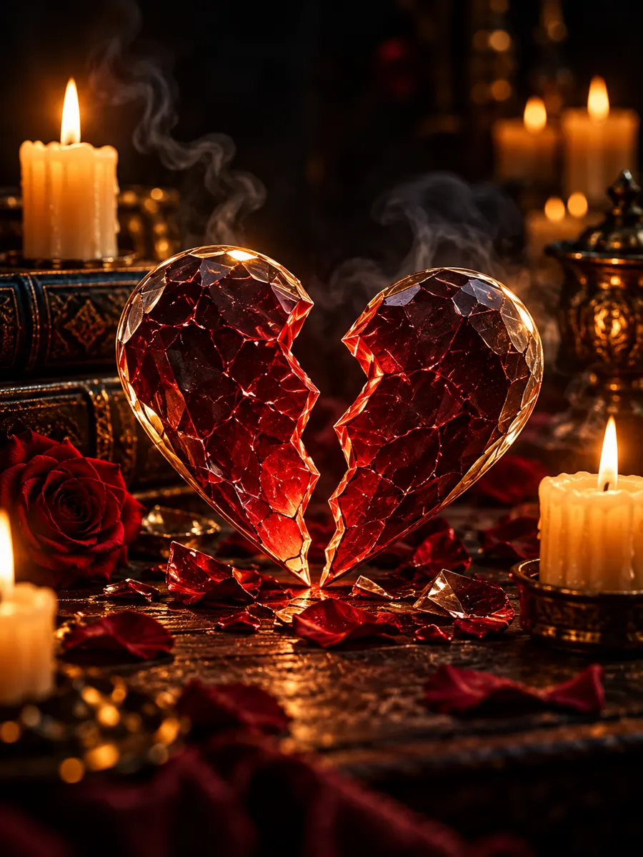 Corazón de cristal rojo partido entre velas y pétalos de rosa