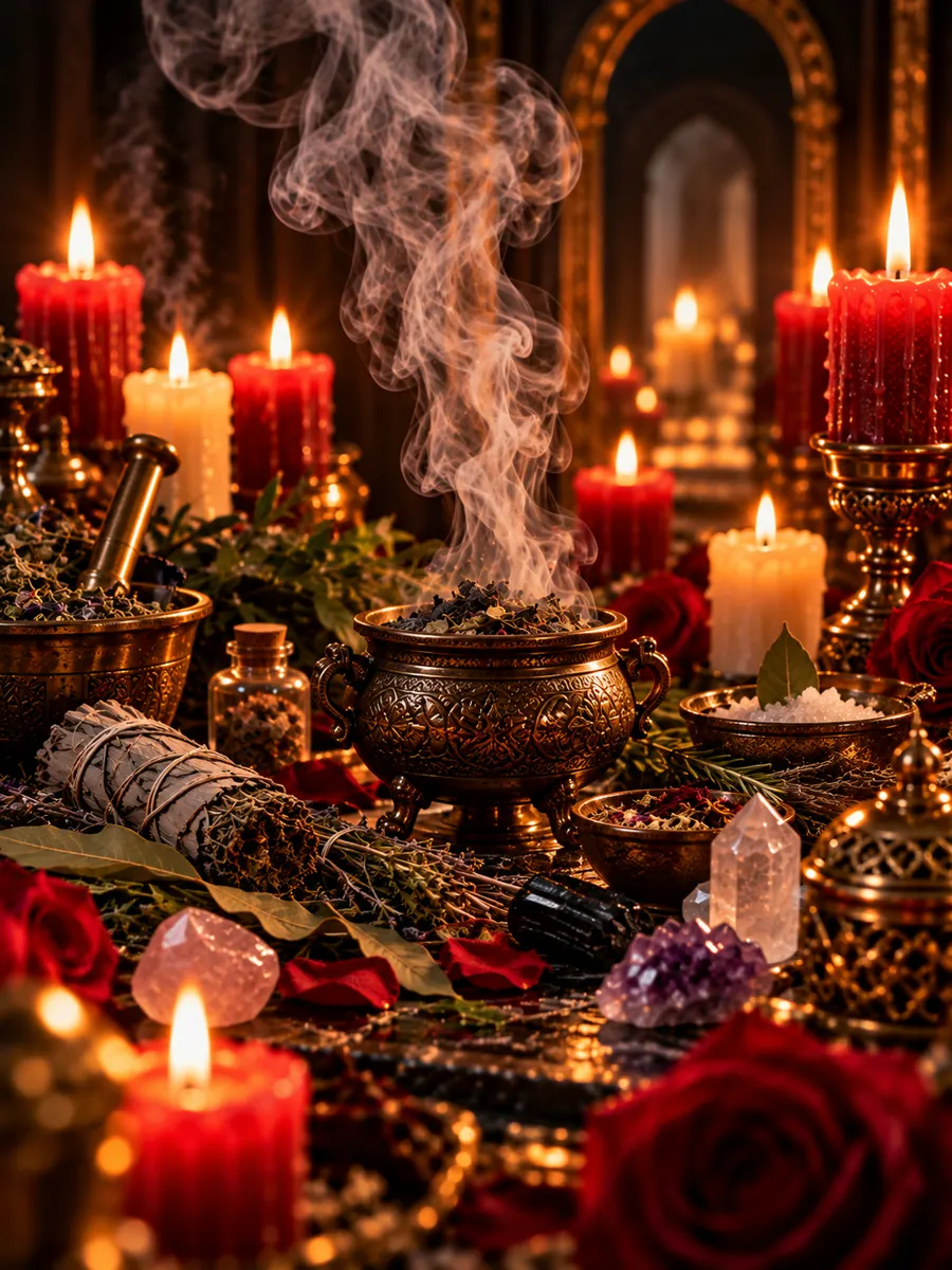 Sahumerio humeando entre hierbas, salvia, velas y cuarzos