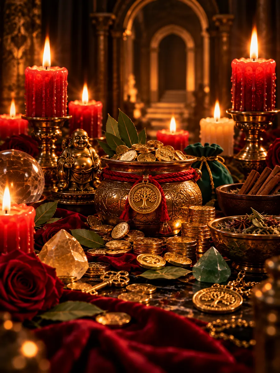 Vasija de monedas doradas con laurel, canela y velas